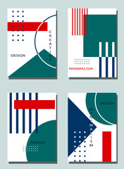 Four trendy covers with graphic elements - abstract minimalism elegant shapes. Two modern vector flyers in avant-garde  style. Geometric wallpaper for business brochure, cover design.