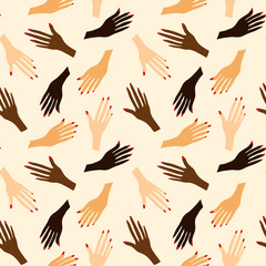Seamless pattern with human hands. Print with hands of people of different nationalities and races.
