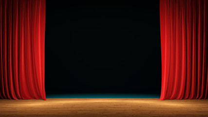 Theater stage with red velvet curtains. Clipping path included. 3d illustration