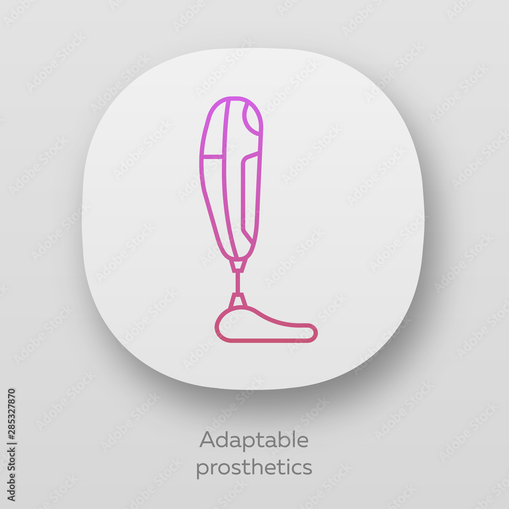 Poster adaptable prosthetics app icon. missing body part replacing. mechanical artificial limb. bionic foot