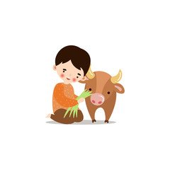 Cute little boy feeding calf with grass. Raster illustration in flat cartoon style