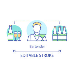 Bartender concept icon. Barman, barkeeper idea thin line illustration. Restaurant, bar staff. Catering business. Alcoholic beverage in bottle. Vector isolated outline drawing. Editable stroke
