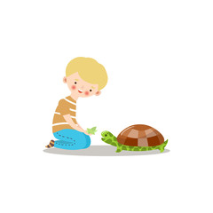 Cute little boy feeding turtle with leaf. Raster illustration in flat cartoon style