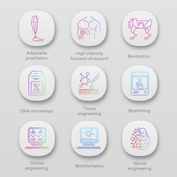 Bioengineering app icons set. Biotechnology. Molecular biology, biomedical and molecular engineering, bioinformatics. UI/UX user interface. Web or mobile applications. Vector isolated illustrations