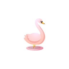 Cute pink standing swan. Raster illustration in the flat cartoon style