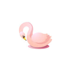 Cute pink swan. Raster illustration in the flat cartoon style