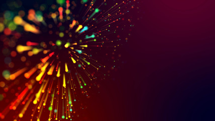 3d abstract beautiful background with colorful glowing particles, depth of field and bokeh effect. Abstract explosion of multicolored shiny particles or light rays like laser show.