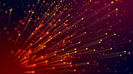 Obraz premium 3d abstract beautiful background with colorful glowing particles, depth of field and bokeh effect. Abstract explosion of multicolored shiny particles or light rays like laser show.