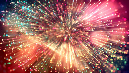 Fototapeta premium 3d abstract beautiful background with colorful glowing particles, depth of field and bokeh effect. Abstract explosion of multicolored shiny particles or light rays like laser show.