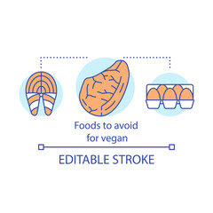 Food to avoid for vegan concept icon. Vegetarian nutrition idea thin line illustration. Unhealthy products abstention. Meat, fish and raw eggs vector isolated outline drawing. Editable stroke
