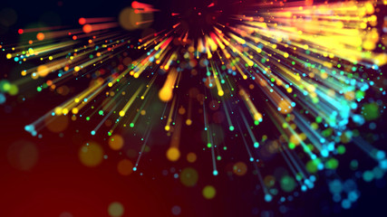 3d abstract beautiful background with colorful glowing particles, depth of field and bokeh effect. Abstract explosion of multicolored shiny particles or light rays like laser show.