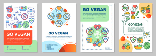 Go vegan brochure template layout. Vegetarian lifestyle flyer, booklet, leaflet print design with linear illustrations. Vector page layouts for magazines, annual reports, advertising posters - obrazy, fototapety, plakaty