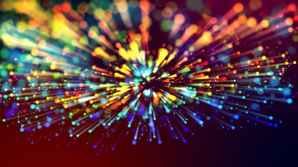 3d abstract beautiful background with colorful glowing particles, depth of field and bokeh effect. Abstract explosion of multicolored shiny particles or light rays like laser show.