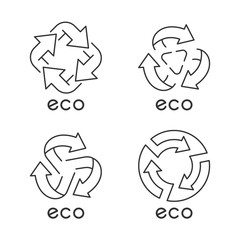 linear icons set. Arrows signs. Recycle symbols. Alternative energy. Environmental protection emblems. Organic products. Thin line contour symbols. Isolated vector illustrations. Editable stroke