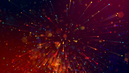 3d abstract beautiful background with colorful glowing particles, depth of field and bokeh effect. Abstract explosion of multicolored shiny particles or light rays like laser show.