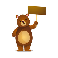 Funny cartoon brown grizzly teddy bear with wooden board