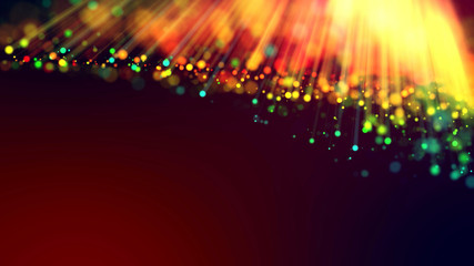 3d abstract beautiful background with colorful glowing particles, depth of field and bokeh effect. Abstract explosion of multicolored shiny particles or light rays like laser show.