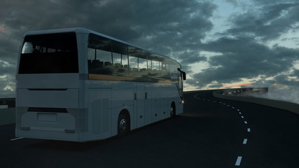 Tourist white bus driving on the bridge under an ominous cloudy sky. 3d Rendering