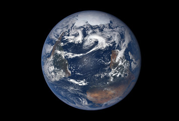 Planet earth, with cyclones and the ocean, on a dark background. Elements of this image were furnished by NASA