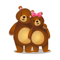 Cute romantic cartoon couple of brown grizzly bears