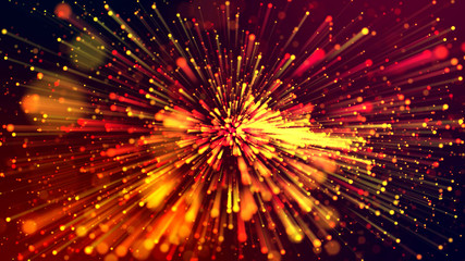 Fototapeta na wymiar 3d abstract beautiful background with colorful glowing particles, depth of field and bokeh effect. Abstract explosion of multicolored shiny particles or light rays like laser show.
