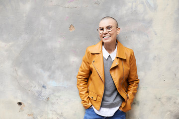 Hairless smiling woman.