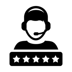 Customer service icon vector male support person profile avatar with a headphone and a star rating for online assistant in glyph pictogram illustration