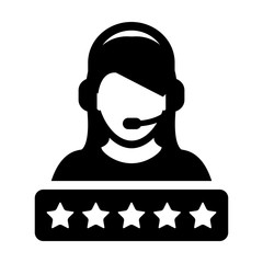 5 Star rating icon vector female support customer care service person profile avatar with a headphone for online assistant in glyph pictogram illustration