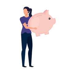 young woman with piggy savings character