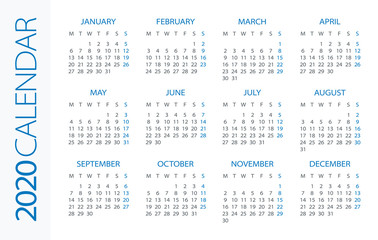 Calendar 2020 Horizontal - illustration. Week starts on Monday