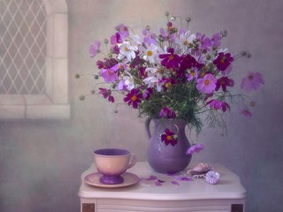 Still life with bouquet delicate flowers in watercolor style