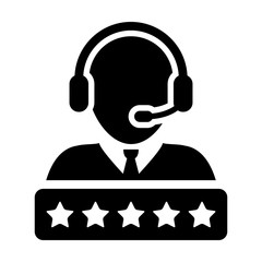 Rank icon vector male support customer care service person profile avatar with a headphone and a star rating for online assistant in glyph pictogram illustration