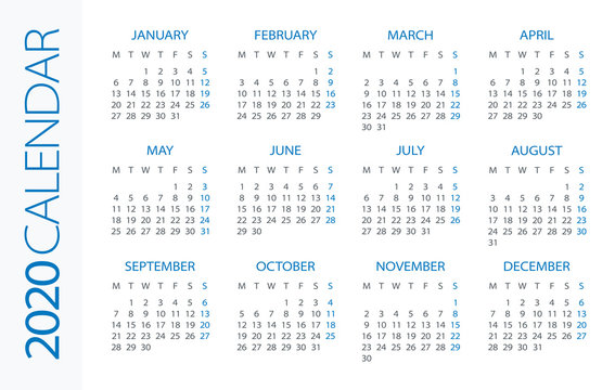 Calendar 2020 Horizontal - illustration. Week starts on Monday