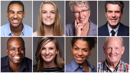 Different portraits of people in front of a grey background