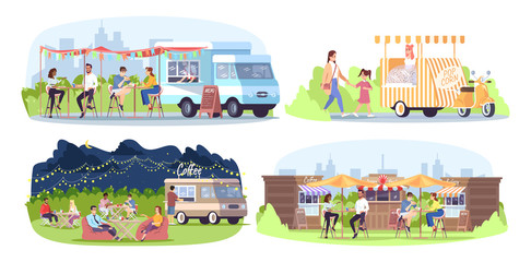 Street food festival flat vector illustrations set. City fest. Park cafe. Summer outdoor rest in town. Ready takeaway meal kiosks, walking, eating, chatting people isolated cartoon characters