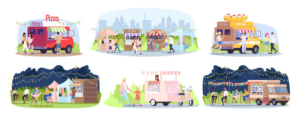 Street food festival flat vector illustrations set. City park restaurants. Summer outdoor rest in town. Ready takeaway meal cafe kiosks, walking, eating people isolated cartoon characters