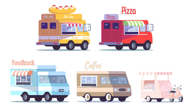 Street food trucks flat vector illustrations set. Ready takeaway meal vehicles. Restaurant, cafe on wheels. Cars for selling hot dogs, pizza, coffee, popcorn isolated cartoon on white background