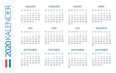 Calendar 2020 Horizontal - illustration. Dutch version