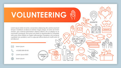 Volunteering web banner, business card vector template. Charity company contact page with phone, email linear icons. Philanthropy activity presentation, web page idea. Corporate print design layout