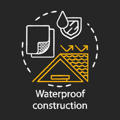 Waterproof construction chalk concept icon. Water resistant building materials idea. Hydrophobic coating, covering substances for roof moisture protection. Vector isolated chalkboard illustration