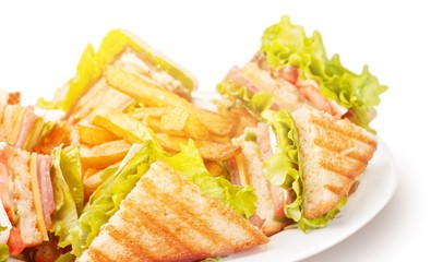 Grilled sandwiches with french fries on white plate