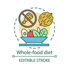Whole food diet concept icon. Vegetarian nutrition idea thin line illustration. Healthy meal, vegan lifestyle. Chicken, walnut and vegetable salad vector isolated outline drawing. Editable stroke
