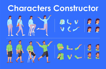 Young man, woman front view animated flat vector characters design set. Character animation creation cartoon pack. Male, female constructor with various face emotion, body poses, hand gestures kit