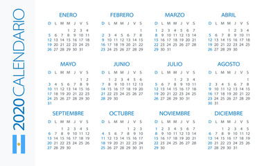 Calendar 2020 Horizontal - illustration. Argentinian version