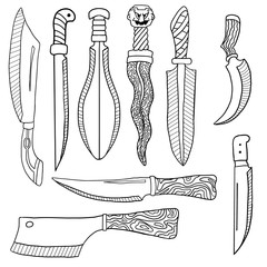 Kit witch ritual knives with various ornaments. Vector. Doodle. Sketch
