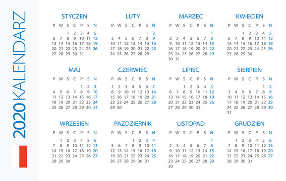 Calendar 2020 Horizontal - illustration. Polish version