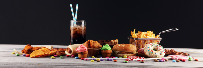 Unhealthy products. food bad for figure, skin, heart and teeth.
