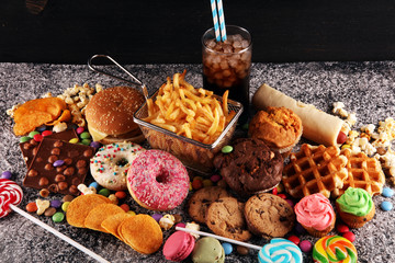 Unhealthy products. food bad for figure, skin, heart and teeth.