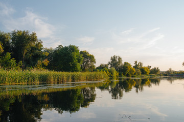 Landscape of nature series. Sunset time on the river.