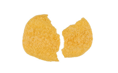 broken potato chips isolated on white background, top view.